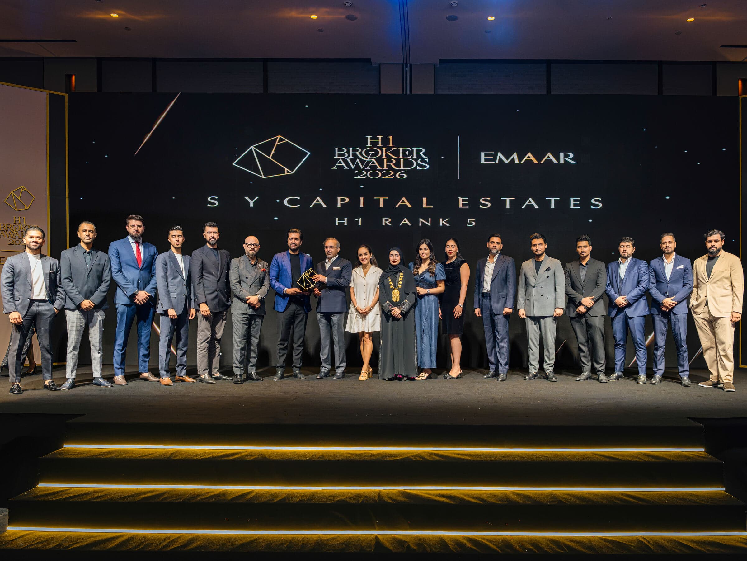 The SY Capital Estates team on stage at the Emaar H1 Broker Awards 2026, ranked 5th